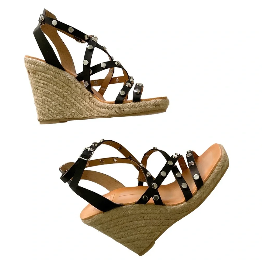 Dolce Vita Leather Wedge Strappy Sandals‎ Size 6.5 Black with Silver Studs